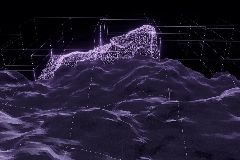 Dark faceted terrain generated by Marching Cubes, with glowing chunk seams, one chunk mid-build as a wireframe and empty chunk volumes waiting beyond it