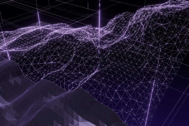 Close-up of a wireframe chunk of Marching Cubes triangles beside shaded terrain