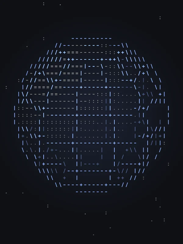 A slowly turning wireframe sphere, typeset in ASCII characters