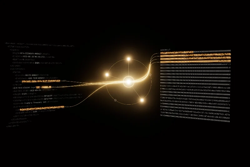 An ISO 20022 pacs.008 message and EVM calldata facing each other; highlighted fields arc into a central digest ringed by five signers, three of them lit