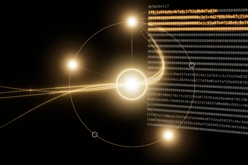 Close-up of a glowing digest ringed by five signer nodes, three lit, with arcs leading into highlighted hexadecimal calldata