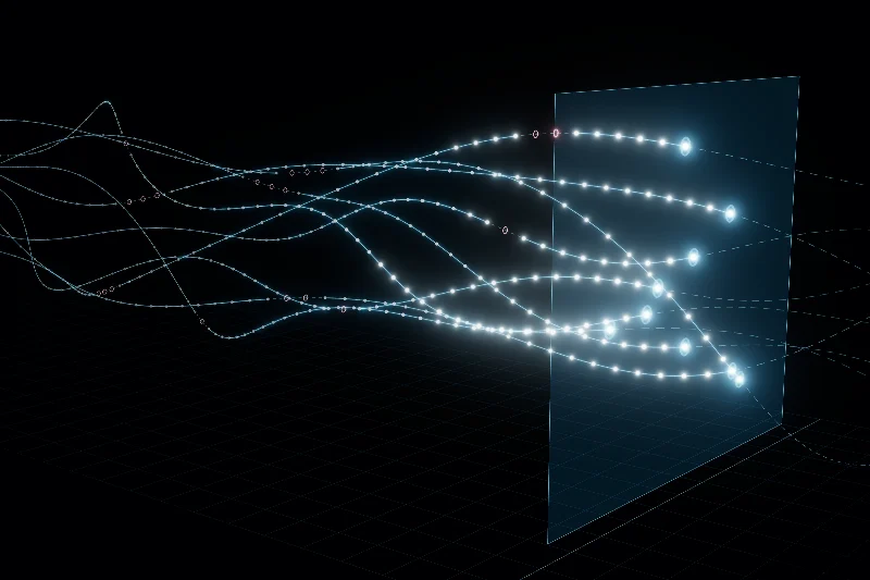 Glowing world lines of networked entities in space-time: snapshot beads along each path, dropped packets as hollow rings, a translucent render-time plane and dashed predictions beyond it