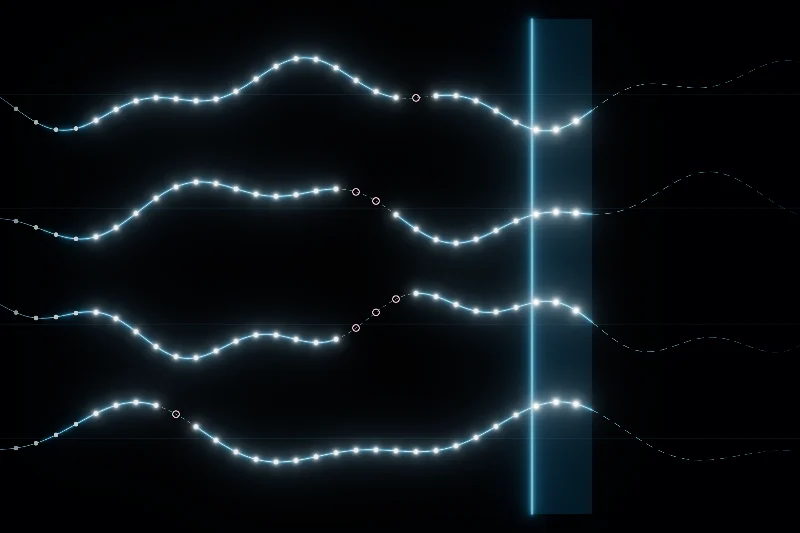 Four entity traces over time with snapshot beads, dropped-packet rings, a render-time line and a shaded jitter-buffer band